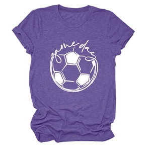 Detail of purple cotton blend fabric and white football game day graphic on a round neck T-shirt