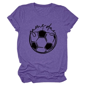 Detail of purple cotton blend T-shirt with game day football graphic and rolled sleeve cuffs