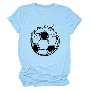Detail of light blue crew neck T-shirt with game day football graphic and soft cotton texture