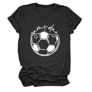 Detailed flat lay of dark grey crew neck t-shirt with white Game Day soccer print