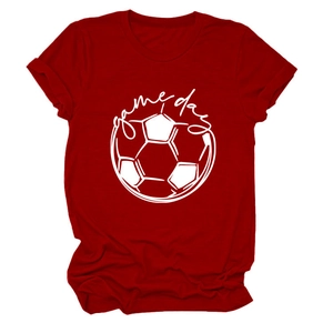 Detail of red cotton t-shirt with white game day football print and folded sleeve design