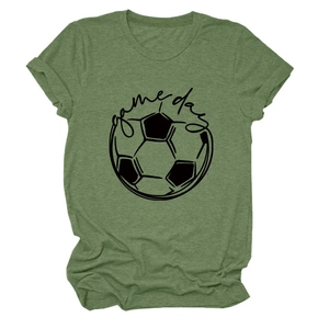 Close-up of olive green t-shirt with black football graphic and game day lettering