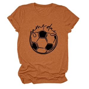 Detail of burnt orange Game Day football t-shirt featuring a soft cotton blend texture