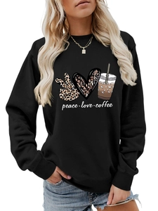 Detail of peace love coffee graphic print on a black long sleeve casual sweatshirt