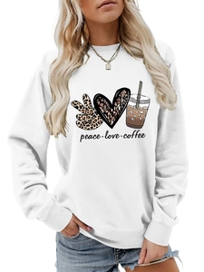 Close-up of leopard peace sign, heart and coffee print on white long sleeve sweatshirt