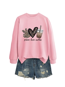 Pink peace love coffee sweatshirt with leopard print icons and denim shorts set