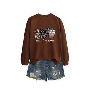 Brown peace love coffee sweatshirt with leopard heart graphic and ripped denim shorts