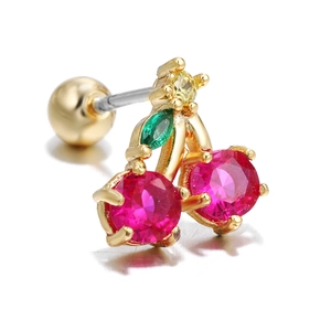 Elegante gouden kersen kraakbeen oorbel met rode en groene zirkonia stenen