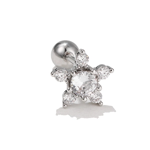Detailed view of silver flower cartilage stud with clear zircons and screw ball back