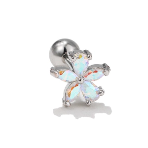 Macro view of five-petal flower stud earring with iridescent stones and screw ball back