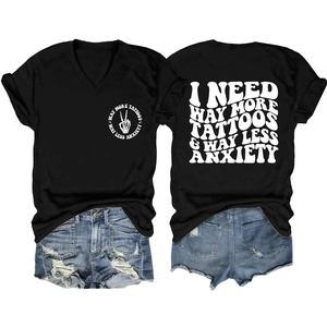 Front and back view of black V-neck T-shirt with I Need Way More Tattoos slogan print