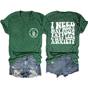 Front and back detail of V-neck dark green T-shirt with I NEED WAY MORE TATTOOS text