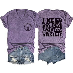 Purple V-neck acid wash T-shirt with Way More Tattoos print and ripped denim shorts