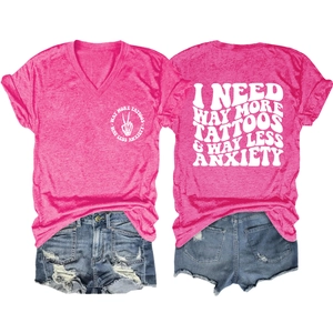 Detailed front and back view of rose red V-neck T-shirt with white tattoo typography
