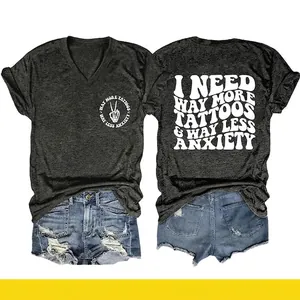 Women V Neck Short Sleeve T-Shirt Cotton Blend Letter Graphic Print Casual Streetwear Loose Fit Slogan Summer Top