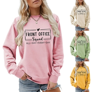Close-up of Front Office Squad lettering on casual long-sleeved crewneck sweatshirts