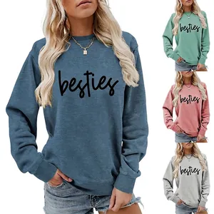 Women's Casual Crew Neck Sweatshirt Besties Letter Print Long Sleeve Top Cotton Blend Ribbed Pullover Fashion Clothing
