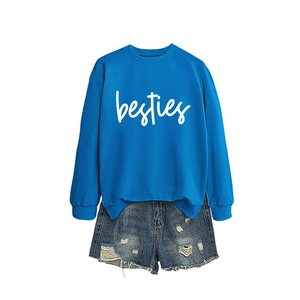 Women's casual bright blue besties letter print sweatshirt with ripped denim shorts
