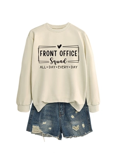 Detail of cream long sleeve sweatshirt with Front Office Squad black letter print