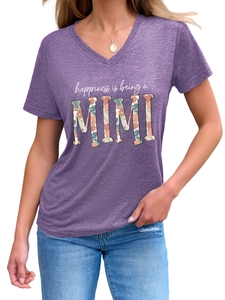 Detail of purple V-neck T-shirt with textured knit fabric and Mimi floral print