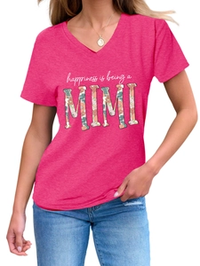 Close-up of rose pink V-neck T-shirt with floral Mimi lettering and cotton texture