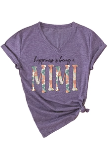 Detail of V-neck heather purple T-shirt with floral Mimi typography and side knot