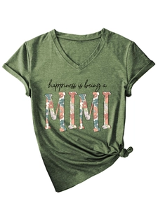 Women's V-neck green T-shirt with MIMI floral print and stylish side knot detail