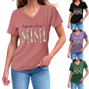 Women Casual V Neck Short Sleeve T-Shirt Cotton Blend Letter Flower Print Loose Top Happiness Is Being A MIMI