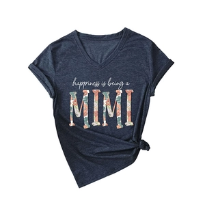 Women's V-neck short sleeve T-shirt in navy blue with happiness is being a MIMI print