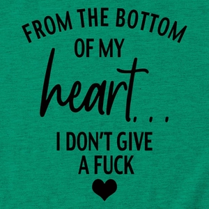 Detailed view of the slogan print and heart design on this green cotton t-shirt