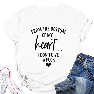 Close-up of heart slogan print on white cotton crew neck T-shirt with denim and shoes