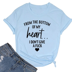 Detail of light blue cotton T-shirt featuring black slogan print and heart icon