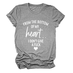 Detail of rolled cuff on dark heather grey t-shirt with white slogan print and heart icon