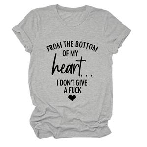 Detailed shot of the 'From the bottom of my heart' slogan print on a grey cotton t-shirt