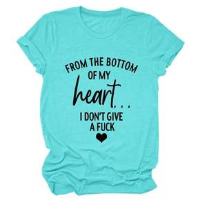 Detail of soft mint green cotton t-shirt featuring black heart and script typography
