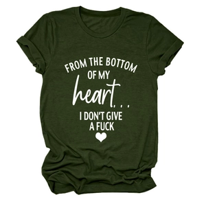 Close-up of heart print and white lettering on dark green cotton crew neck t-shirt