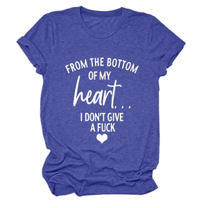 Detail of blue crew neck T-shirt with white artistic letter print and heart symbol