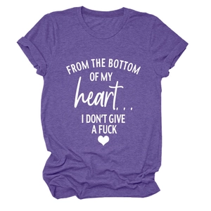 Detail of purple cotton T-shirt featuring bold white humorous slogan print and round neck