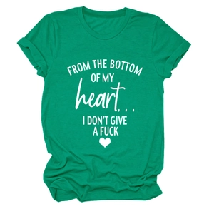 Detail of green cotton T-shirt featuring white slogan print and heart graphic design