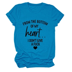 Detail of blue cotton T-shirt featuring heart and bold slogan print on flat background