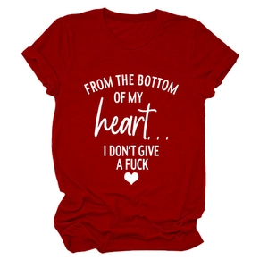 Close-up of deep red cotton t-shirt featuring white letter print and heart symbol