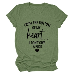 Detailed flat lay of olive heather t-shirt featuring black slogan and heart graphic