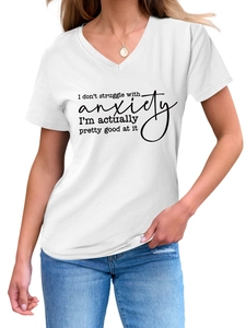 Close-up of printed slogan on white V-neck cotton T-shirt with comfortable fabric