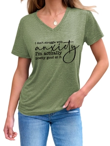 Detail of the humor slogan print on this casual green V-neck short sleeve cotton t-shirt