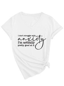 Detail of V-neck white cotton t-shirt featuring printed slogan and stylish front knot