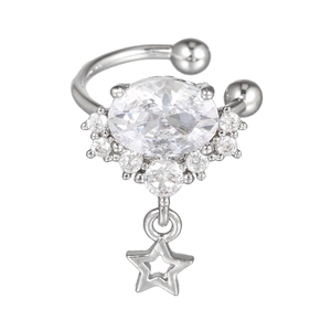 Macro detail of 18K silver ear cuff with oval zircon and hanging hollow star pendant