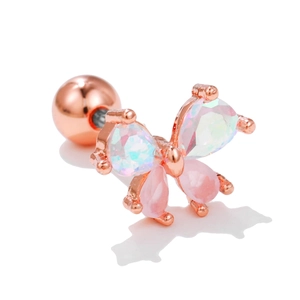 Rose gold butterfly cartilage stud with pink and clear gemstones and screw-back ball