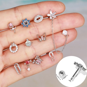 Zirconia Cartilage Piercing Studs Butterfly Planet Shapes Brass With Stainless Steel Earring Post Screw Back For Women