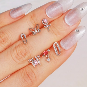 6-piece silver stainless steel cartilage earrings set with pink zircon butterfly and pin shapes