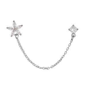 Detail view of 20G stainless steel helix stud with zircon flower and silver link chain